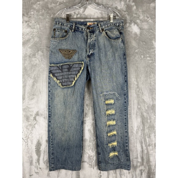 VTG AJ Armani Jeans‎ Mens W34 L26 Distressed Light Wash Denim Straight Leg Jeans